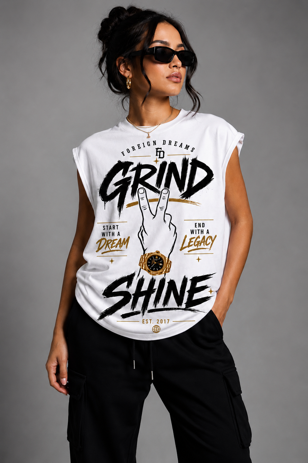 Foreign Dreams "Grind To Shine" Cut-Off Sleeve T-Shirt – White