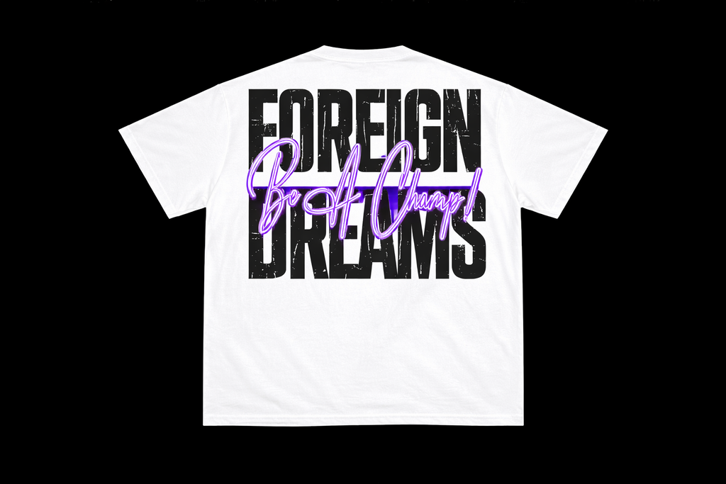 White t-shirt with 'Foreign Dreams' text on a black background