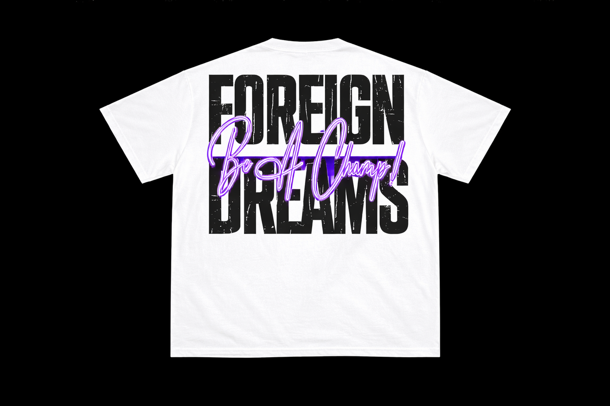 White t-shirt with 'Foreign Dreams' text on a black background