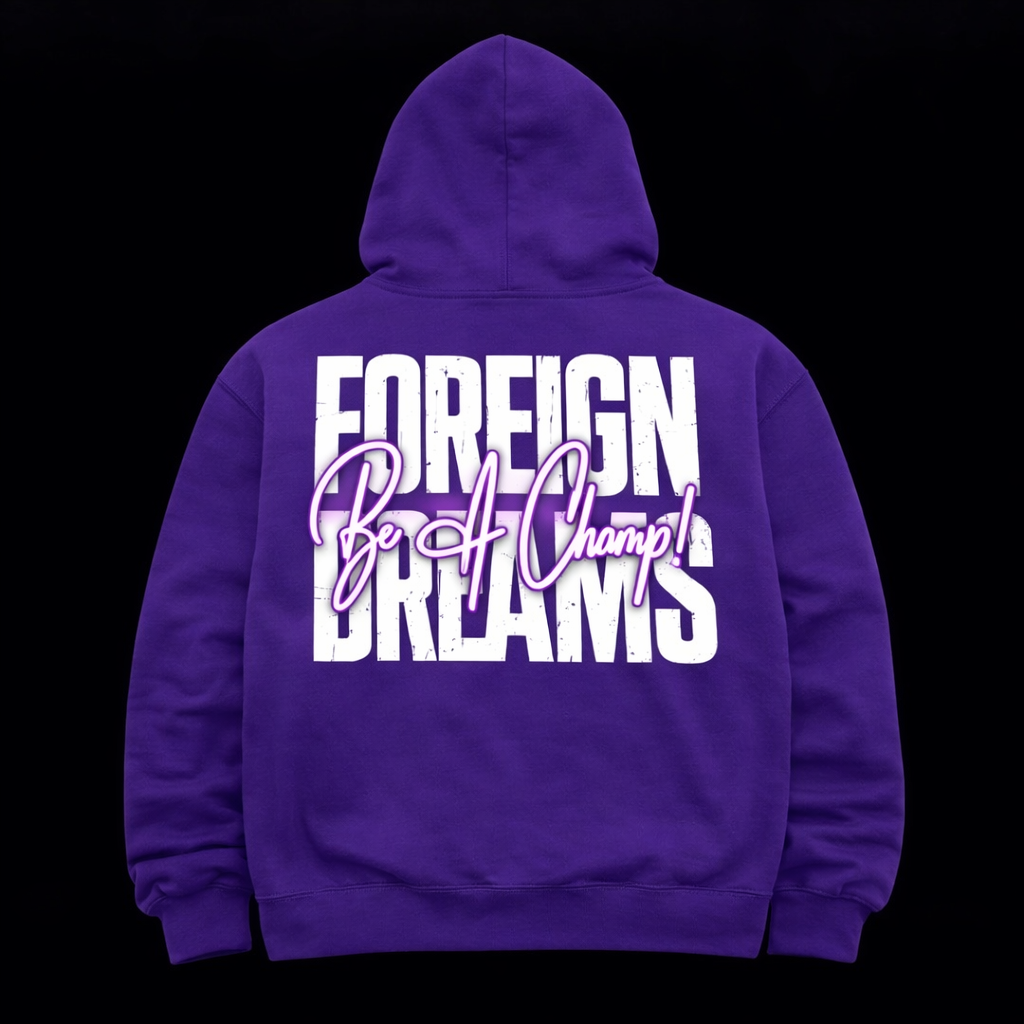 Purple hoodie with 'Foreign Dreams' text on the back against a black background