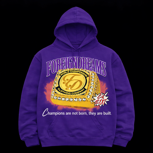 Purple hoodie with championship belt graphic and text on a black background