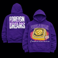 Purple hoodie with 'Foreign Dreams' branding on a black background